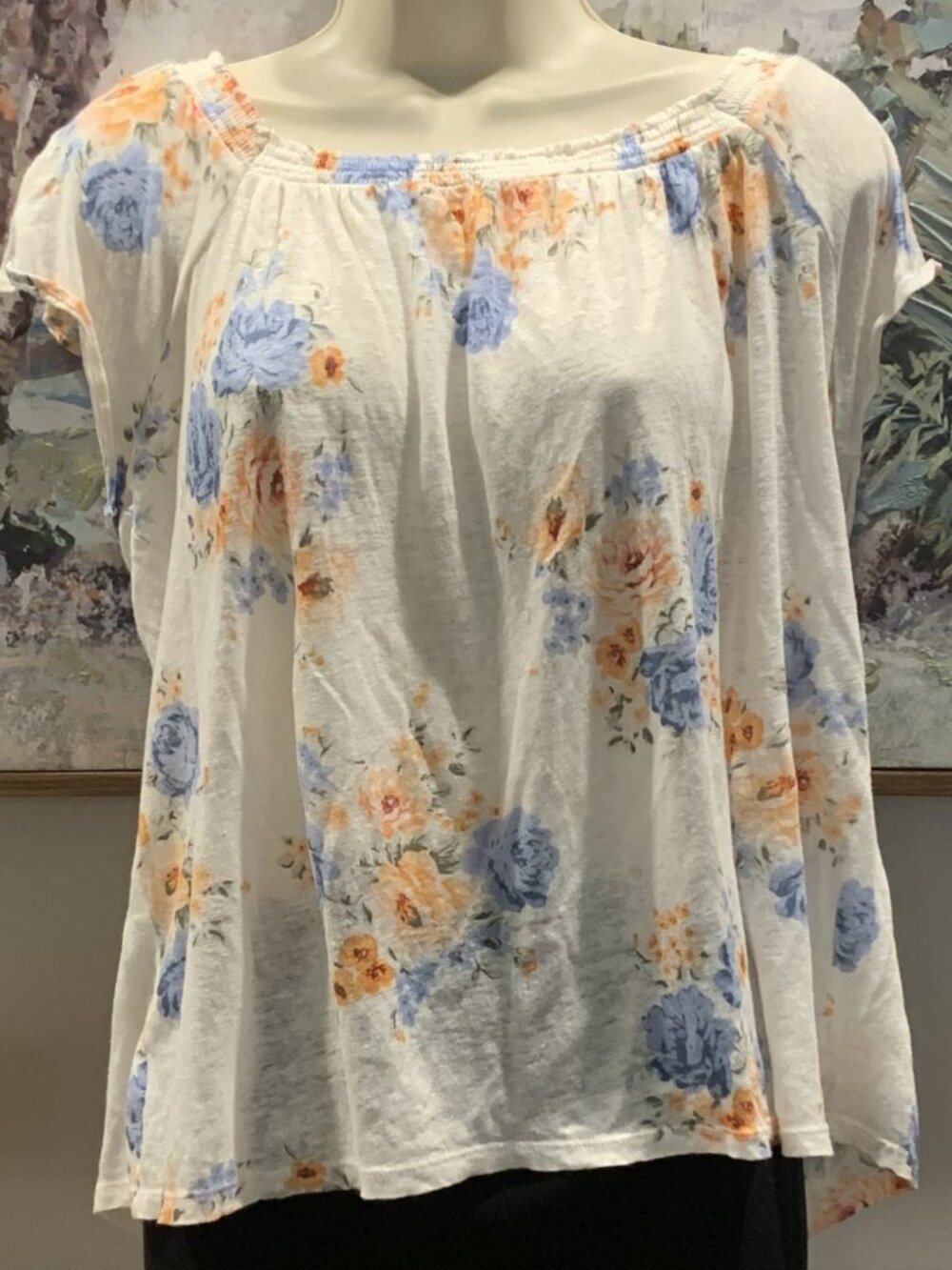 Loft White Blouse with Pastel Peach and Blue Floral Print